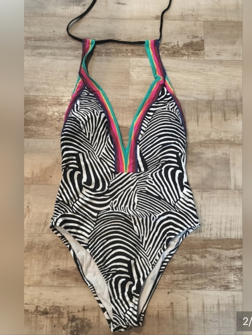 Trina Turk Black & White Zebra One-Piece Swimsuit with Rainbow Trim